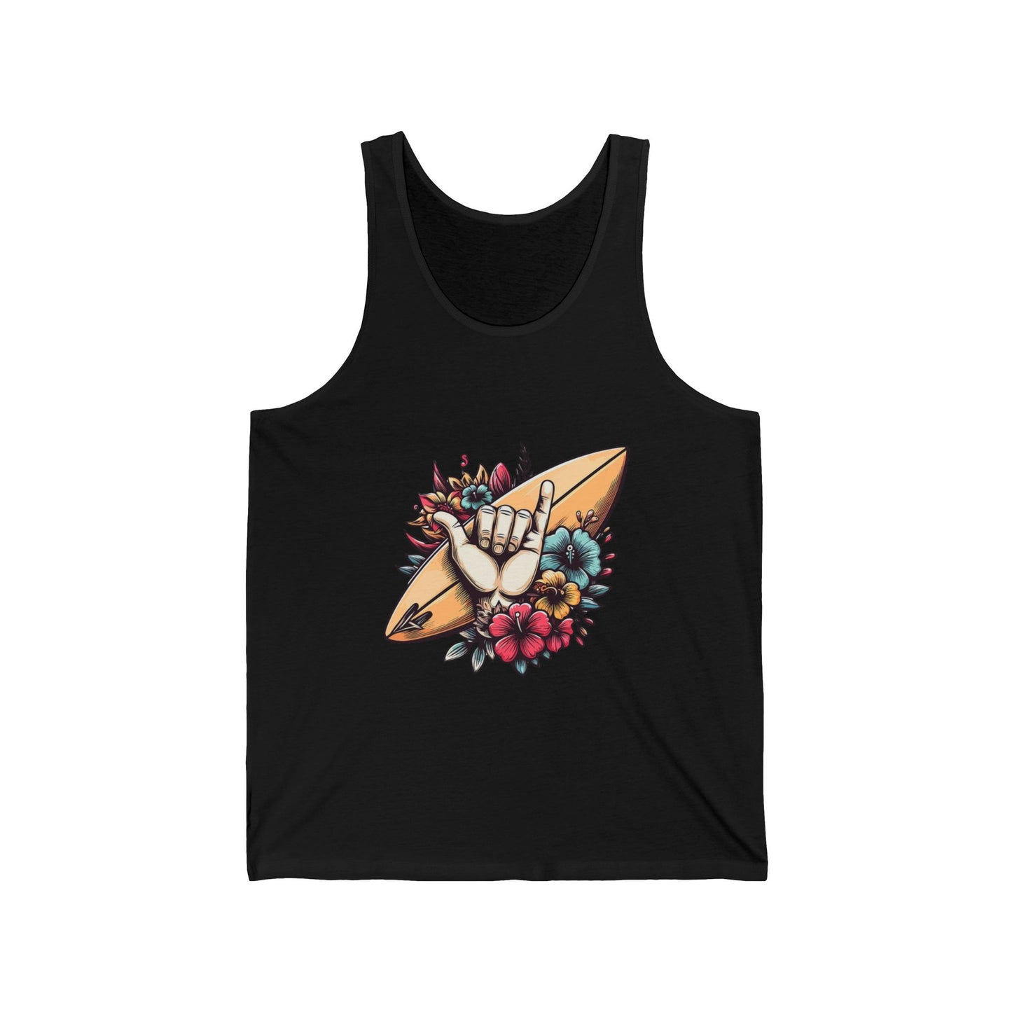 Surfer Vibes Unisex Jersey Tank, Summer Wear, Beachy Gift, Casual Top, Floral Surf Graphic Tee