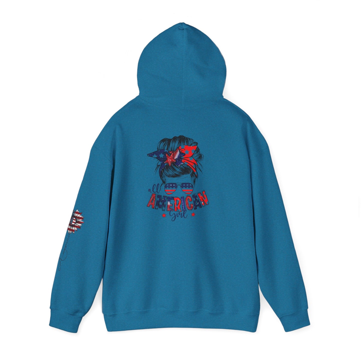 USA All American Girl Hoodie - Unisex Heavy Blend Sweatshirt, Patriotic Apparel, 4th of July Outfit, Casual Wear, Gift for Her