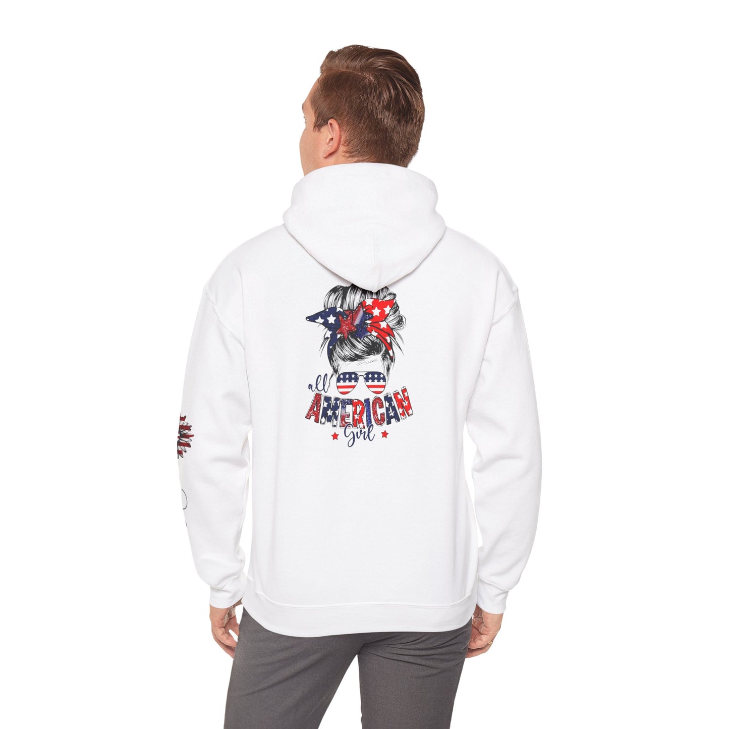 USA All American Girl Hoodie - Unisex Heavy Blend Sweatshirt, Patriotic Apparel, 4th of July Outfit, Casual Wear, Gift for Her