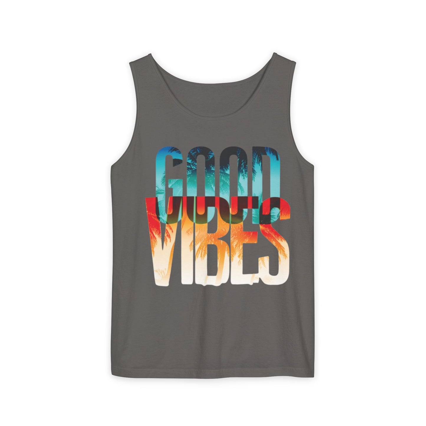 Good Vibes Unisex Garment-Dyed Tank Top, Summer Apparel, Beachwear, Festival Top, Relaxed Fit, Gift for Him/Her