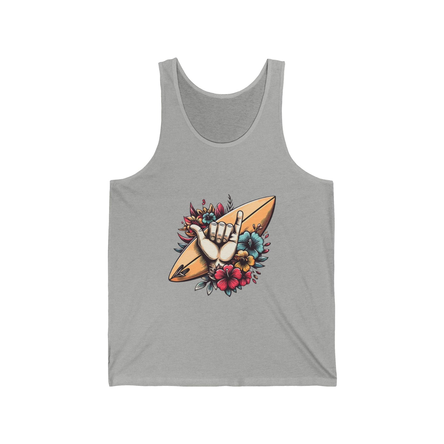 Surfer Vibes Unisex Jersey Tank, Summer Wear, Beachy Gift, Casual Top, Floral Surf Graphic Tee