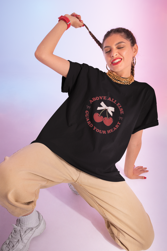Cherry Heart T-Shirt, Cute Graphic Tee, Casual Outfit, Gift for Her, Valentine's Day Top, Summer Fashion