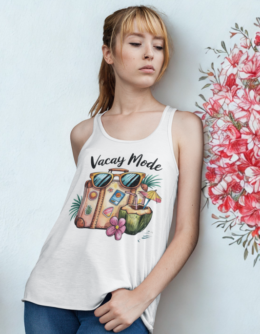 Vacay Mode Women's Flowy Racerback Tank, Summer Top, Vacation Shirt, Beachwear, Travel Apparel, Fun Casual Wear