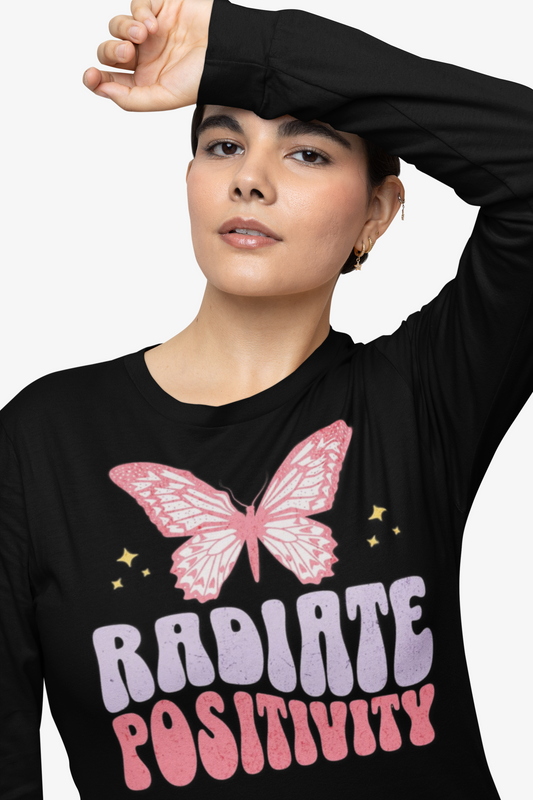 Radiate Positivity Long Sleeve Tee | Unisex Tee, Butterfly Graphic, Positive Vibes, Gift for Her, Comfortable Everyday Wear