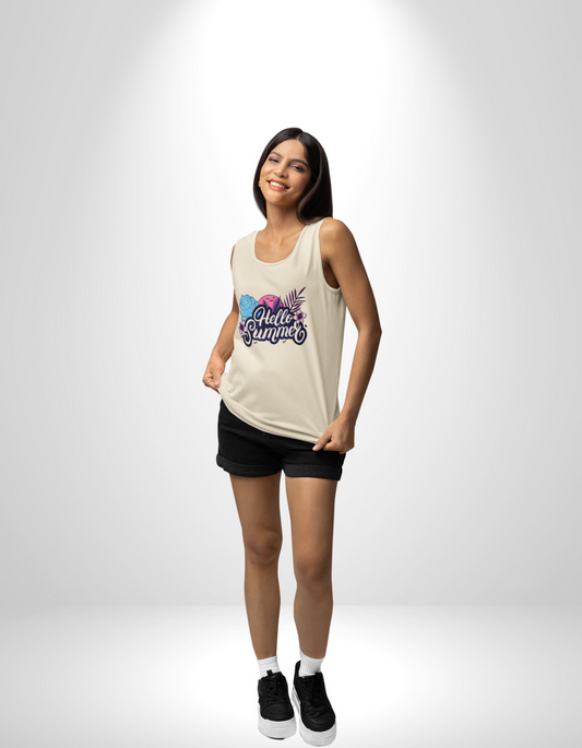 Hello Summer Women’s Tank Top – Soft Cotton, Relaxed Fit, Beach Vibes Tee