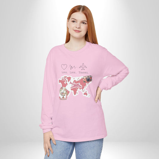 Travel-Themed Long Sleeve T-Shirt, Love Live Travel Shirt, Wanderlust Gift, Adventure Tee, Perfect for Travelers and Adventurers