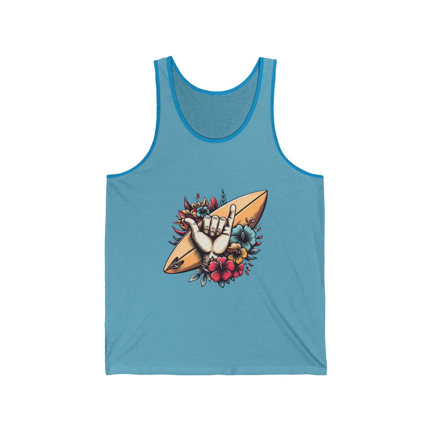 Surfer Vibes Unisex Jersey Tank, Summer Wear, Beachy Gift, Casual Top, Floral Surf Graphic Tee