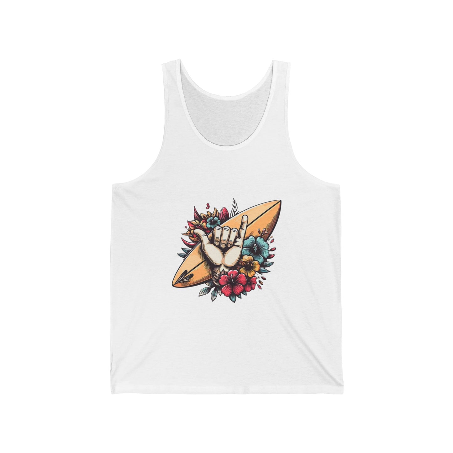 Surfer Vibes Unisex Jersey Tank, Summer Wear, Beachy Gift, Casual Top, Floral Surf Graphic Tee