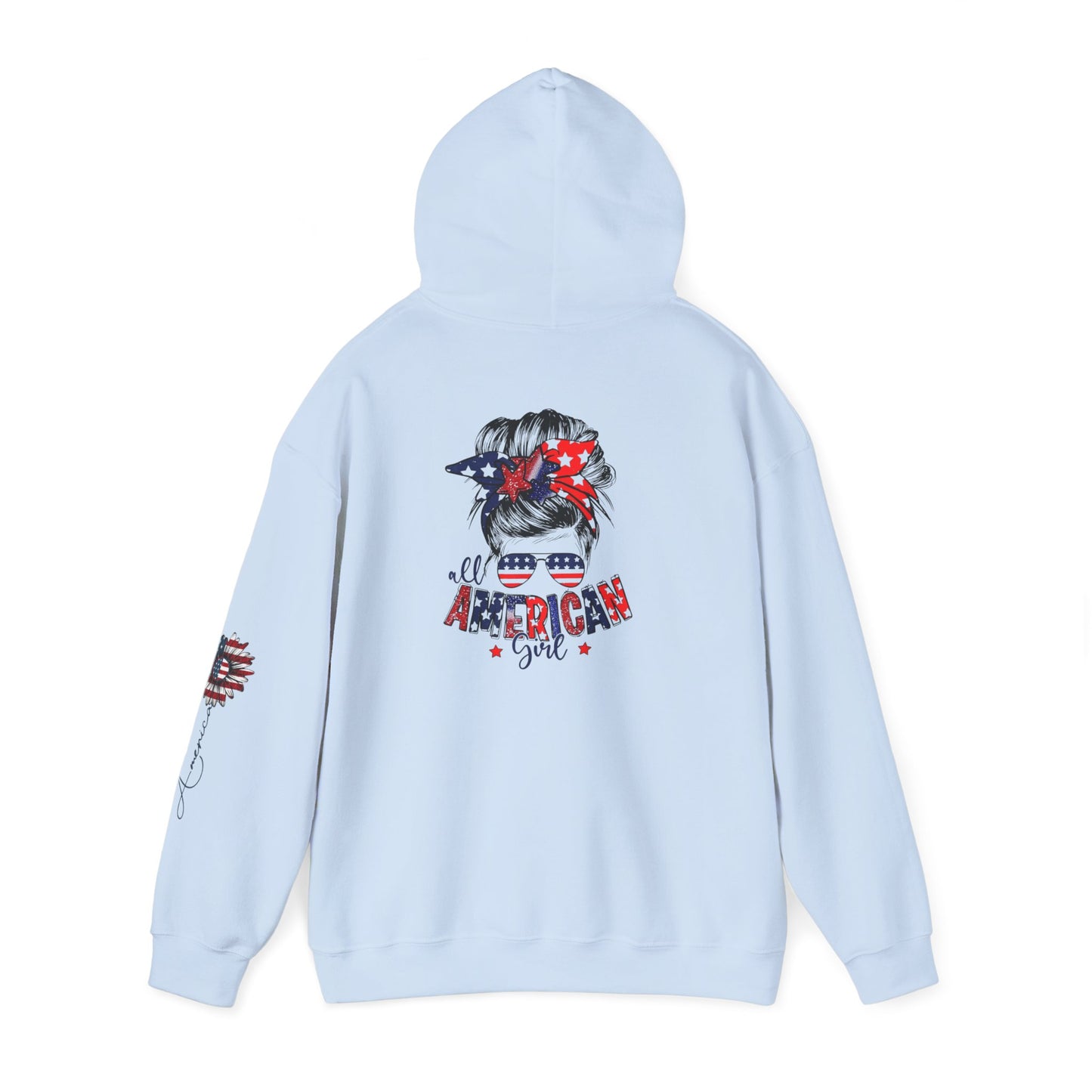 USA All American Girl Hoodie - Unisex Heavy Blend Sweatshirt, Patriotic Apparel, 4th of July Outfit, Casual Wear, Gift for Her
